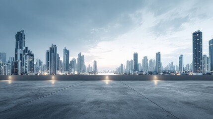 Fototapeta premium Modern Cityscape Skyline Panorama at Twilight with Empty Concrete Floor for Product Placement