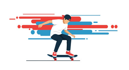 Fototapeta premium Skateboarder Maneuvering Effortlessly With Dynamic Graphic Elements Around Him
