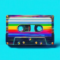 Colorful cassette tape with vibrant design on bright blue background