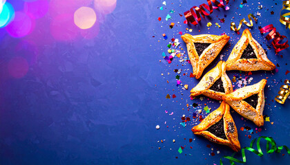 Hamantaschen Cookies Flatlay with Colorful Confetti. Purim Jewish Festival. Generated Image