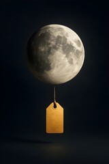 A surreal, minimalist scene where a luminous crescent moon becomes a shop display &mdash; a delicate golden price tag dangles from its lower curve against a deep, velvety night background.