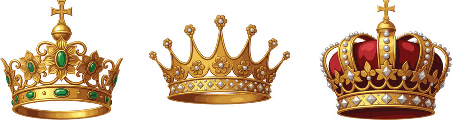 Royal crowns collection, gold and gemstone diadems, ornate ceremonial headwear, luxury monarchy symbols, vintage regal accessories, detailed vector art, CAD drawing flat vector illustration © AVIJIT