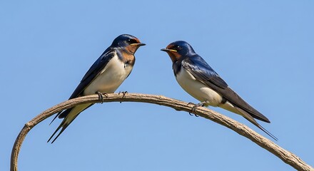 Fototapeta premium Two Barn Swallows Perched on a Branch Against a Clear Blue Sky.