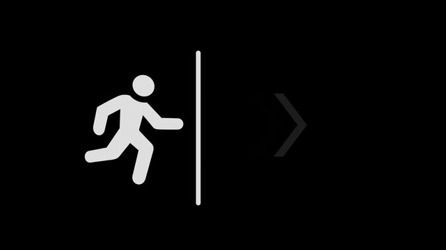  Right side green color emergency exit icon 4k video animation on black background. Man running out, fire exit. Emergency exit sign. Emergency exit. Safety animation.