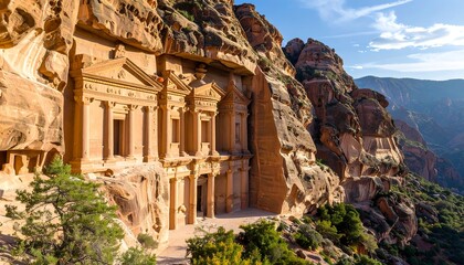 Ancient sandstone facade nestled in a mountainside