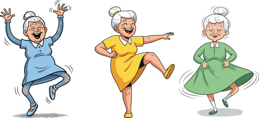 Happy elderly women dancing joyfully in colorful dresses, cheerful grandmothers enjoying life, funny cartoon characters expressing energy, happiness, laughter, movement
