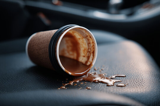 Spilled coffee cup on car seat with brown liquid leaking