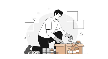 Volunteering Person Packing Canned Goods And Pantry Staples Into Cardboard Boxes For Donation