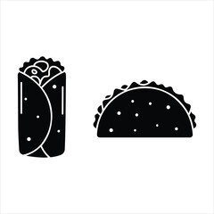 Simple black silhouette icons of a burrito and a taco for mexican food concepts
