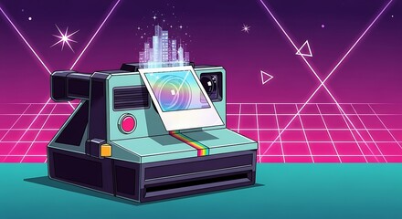 Retro-style illustration of a vintage instant camera with a holographic image emerging from it.
