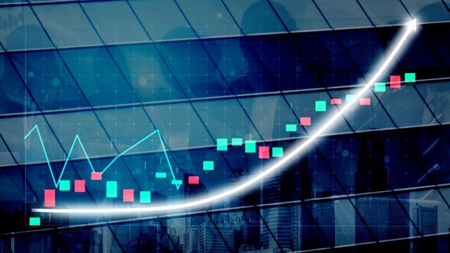 Abstract illustration of a financial growth chart on a glass building. The image combines modern architecture with stock market data, showcasing upward trends and analytics. Copula - Powered by Adobe