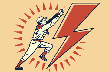 Vector art of a determined worker in uniform climbs a large red lightning bolt against a sunburst background, symbolizing energy, progress, and the pursuit of ambitious goals