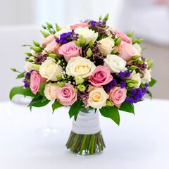 Fototapeta premium Beautiful wedding bouquet of pastel roses, cream, pink, and purple, with greenery