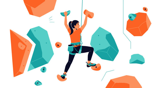 Woman Climbing A Boldering Wall With Vivid Colors And Dynamic Illustration