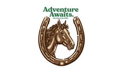 vintage logo of a horse head in a horseshoe. Retro artwork with Adventure Awaits quote for a t-shirt