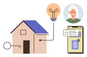 Key near house, light bulb connection, smartphone with fingerprint authentication, person portrait, security code message. Ideal for technology, security, innovation, smart homes authentication
