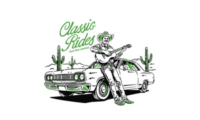 retro illustration of a cowboy with a guitar and a classic car. Vintage western artwork for a t-shirt