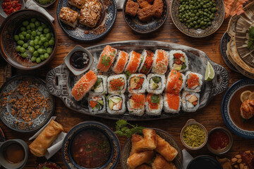 Overhead shot of a delicious sushi platter surrounded by various asian dishes, creating a vibrant and appetizing table setting