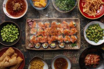Overhead shot of steaming hot sushi platter with salmon and avocado, surrounded by various asian dishes, creating a vibrant and delicious culinary scene