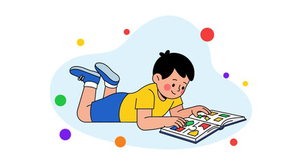 Young Boy Engaged In Book Learning With Colorful Geometric Shapes Illustrations