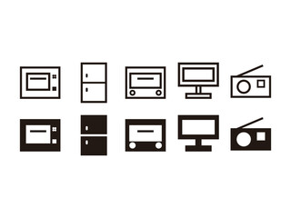 冷蔵庫、電子レンジ、トースター、テレビ、ラジオのアイコンのセット