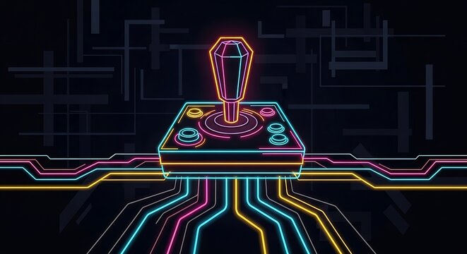Neon arcade joystick with colorful lines on a dark background. - Powered by Adobe