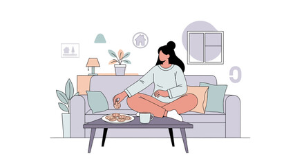 Fototapeta premium Woman Enjoys Cookies While Relaxing at Home on Sofa in Modern Vector Illustration