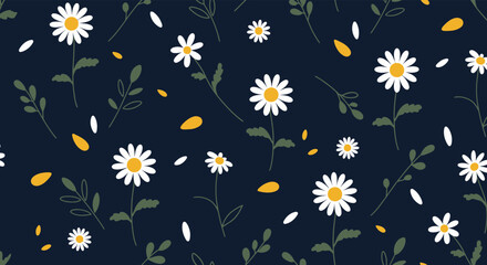 A delightful daisy pattern on a dark blue background, featuring scattered petals and leaves for a fresh and cheerful floral design