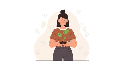 Obraz premium Woman Holds A Budding Plant Symbolizing Growth, Nurturing And Environmental Awareness
