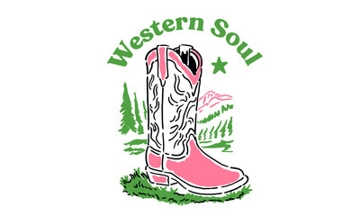 vintage artwork of a pink cowboy boot in a landscape. Retro Western Soul illustration for a t-shirt