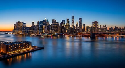 Obraz premium A twilight cityscape of a towering skyline reflecting on a tranquil river, showcasing the city's lights