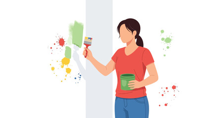 Fototapeta premium Woman Paints Wall With Brush, Adding Color to Decorate and Revamp Property Space