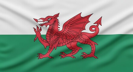 Waving Flag of Wales with Red Dragon Symbol.