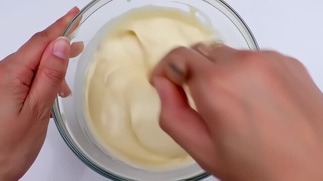 Mixing light-yellow batter in glass bowl