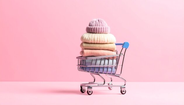 Pastel-colored sweaters and beanie in a miniature shopping cart against a pink background, showcasing Cyber Monday deals; a flat lay product shot.