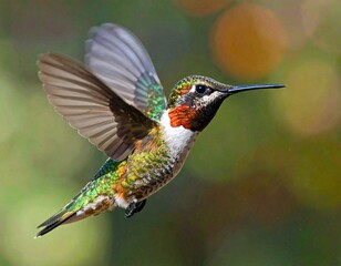 Fototapeta premium Vibrant Ruby-Throated Hummingbird in Flight displaying its Majestic Wings
