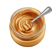 Delicious creamy peanut butter swirl in a glass jar with a metal spoon inside and scattered peanut crumbs isolated on white background PNG no background