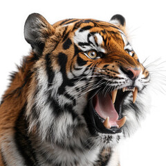 Obraz premium Closeup of a roaring bengal tiger showing its sharp teeth and aggressive expression, isolated on transparent background