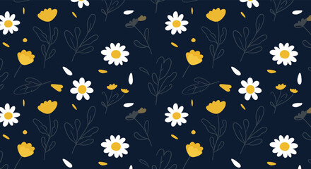 A delightful daisy pattern on a dark blue background, featuring scattered petals and leaves for a fresh and cheerful floral design