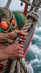 A close-up of a fisherman's weathered hands gripping a thick, wet rope on a boat. The image captures the hard work and rugged nature of life at sea, with a stormy ocean and waves in the background.
