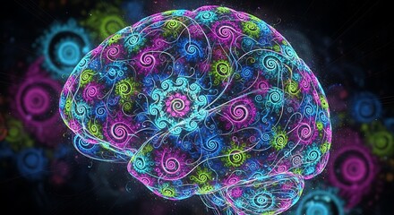 A vibrant, colorful brain illustration, filled with swirling patterns and floral elements