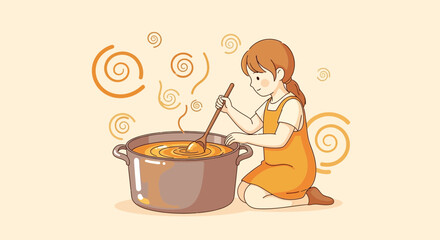 Young Woman in Apron Mixing Food In Cooking Pot With Warm Color Tones