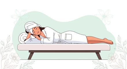 Obraz premium Woman Relaxing Peacefully on Spa Bed After Treatment in Animated Illustration