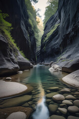 Serene Photograph of Narrow Canyon with Steep Rocky Walls, Clear Shallow River and Reflective Water Surrounded by Natural Wilderness