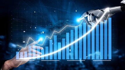 This image showcases a robotic hand and a human hand poised over an upward trending graph, symbolizing collaboration and innovation in technology and business growth. Copula