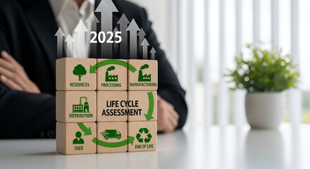 Business growth and sustainability concept with lifecycle management blocks and 2025 forecast