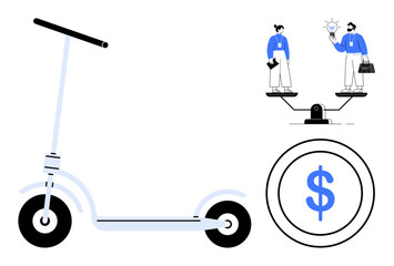 Electric scooter symbolizing mobility, scale balancing coworkers with ideas, large coin indicating cost and value. Ideal for sustainability, teamwork, innovation, decision-making, balance, personal