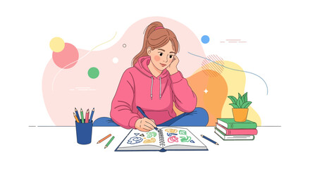 Young Woman Sketching In Her Notebook With Colored Pencils And A Plant Nearby