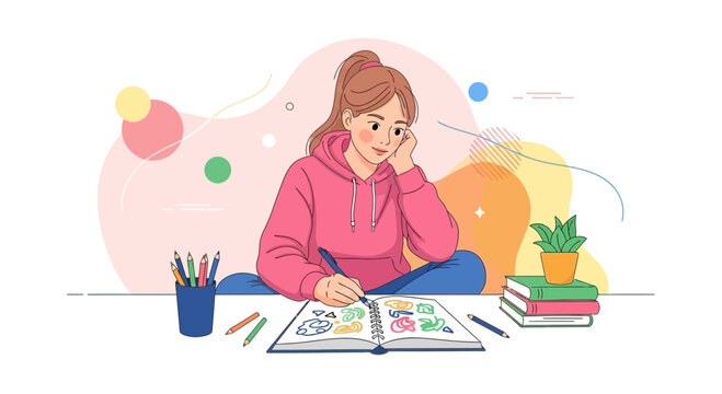Young Woman Sketching In Her Notebook With Colored Pencils And A Plant Nearby