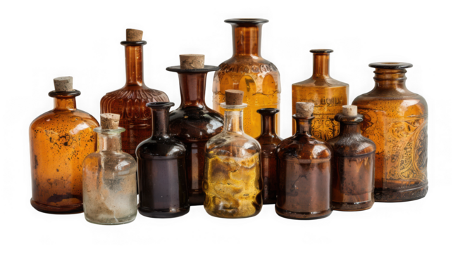 A collection of antique amber glass bottles with cork stoppers, isolated on transparent background